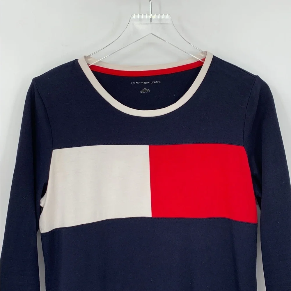 Tommy Hilfiger t-shirt knit dress mini flag logo colorblock navy blue red Medium